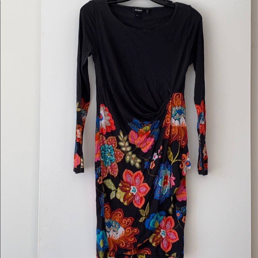 Desigual dark gray knit dress with printed flowers